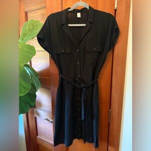 Old Navy Black Linen Belted Shirt Dress